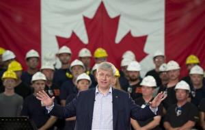 Prime Minister Stephen Harper speaks during a campaign stop at a steel manufacturer in Burlington, Ontario, yesterday.